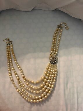 Vintage Layered Cream Faux Pearl Necklace with Ornate Gold-Tone Clasp